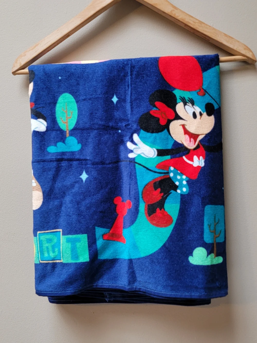 Disney Parks Beach Towel Navy Blue with Teal, Yellow & Pink Character Design